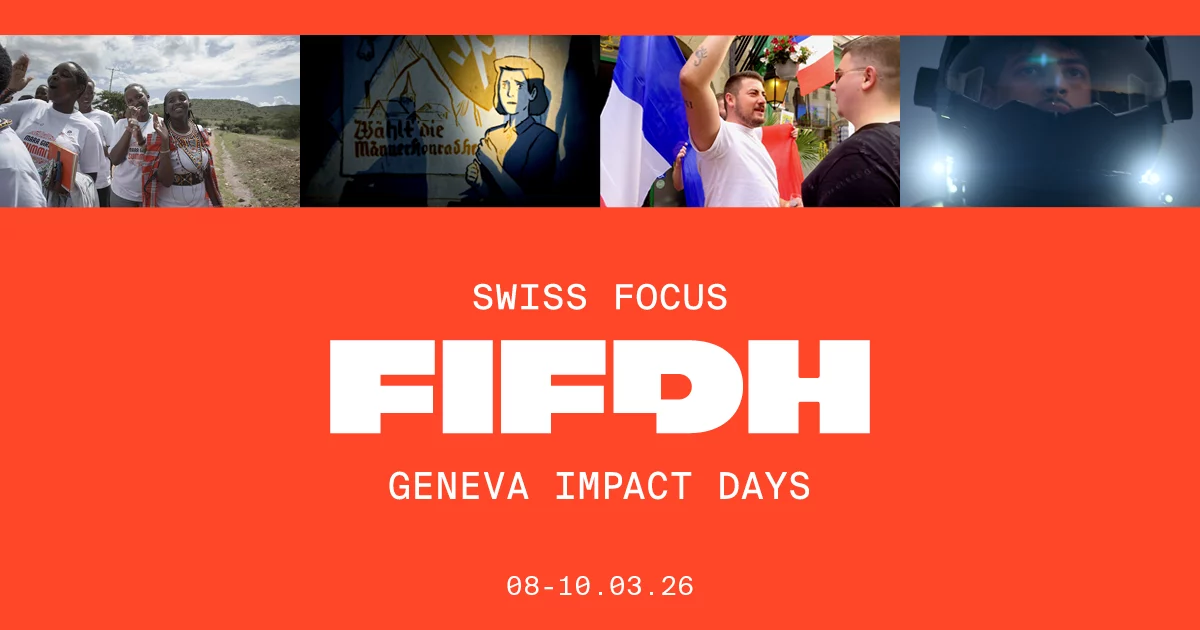 Fond orange avec le texte SWISS FOCUS - FIFDH - GENEVA IMPACT DAYS 2026