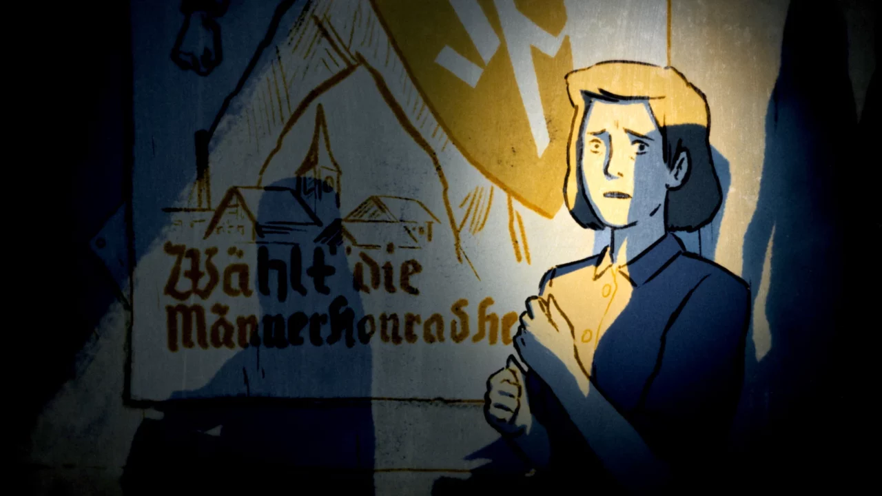 Femme de style cartoon debout devant un drapeau