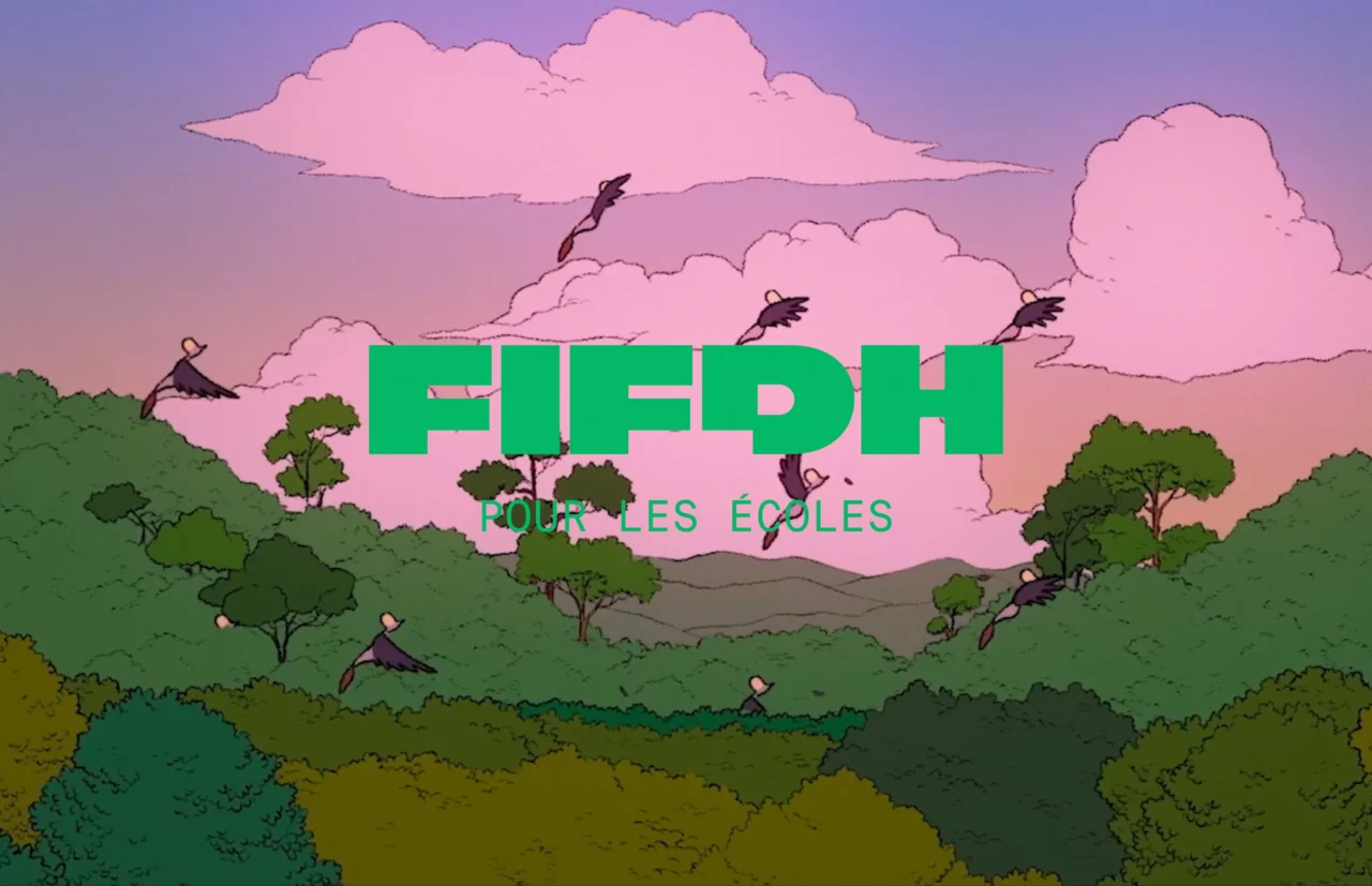 Vignette du FIFDH pour les écoles : extrait du film d'animation Ibuka, Justice représentant des grues royales qui s'envolent