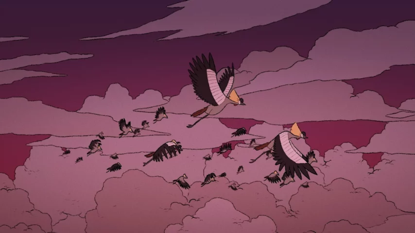 Dessin d'animation représentant des cigognes en plein vol, issu du film d'animation Ibuka, Justice