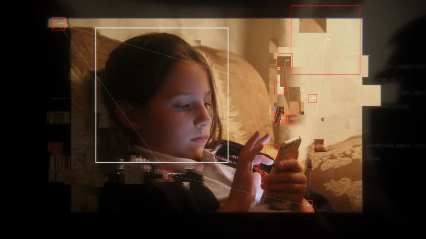 une petite fille regarde son téléphone portable